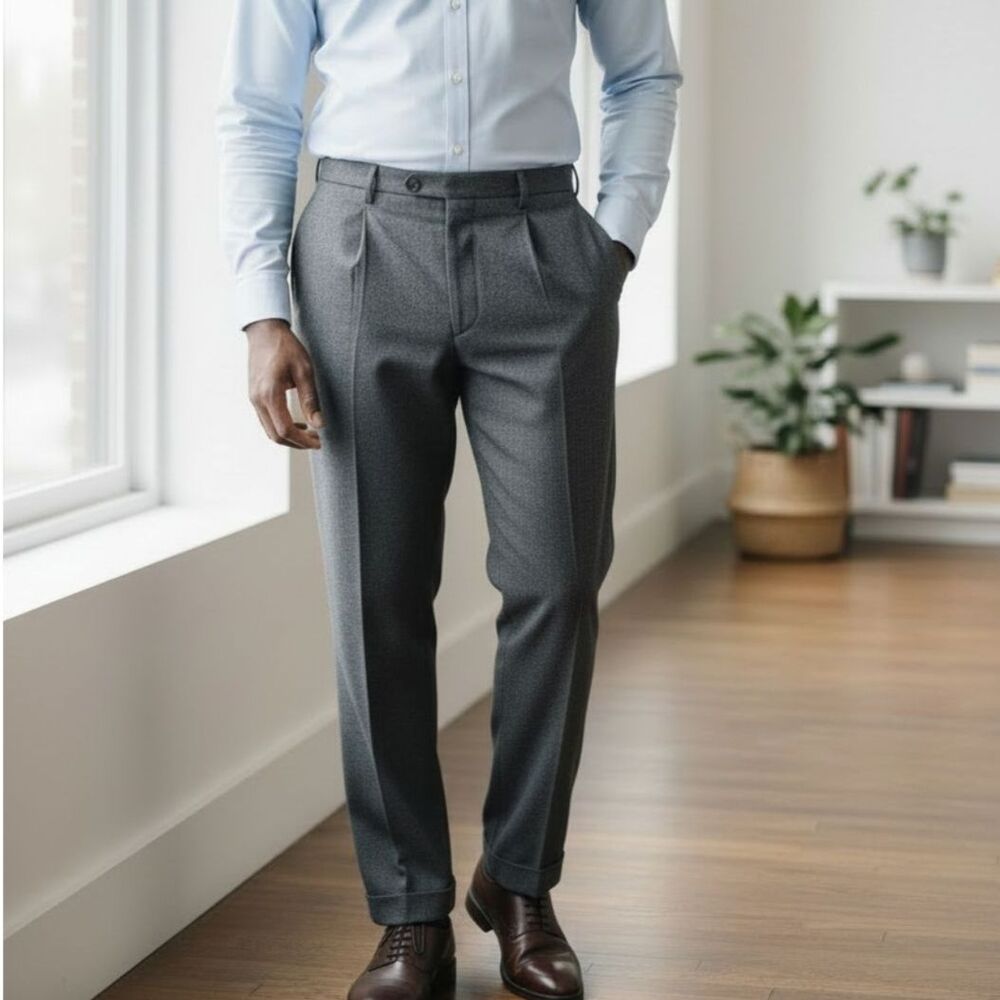 Tasso Elba Wool Cashmere Pants Mens Size 40 Gray Windowpane Pleated Cuffed Retro